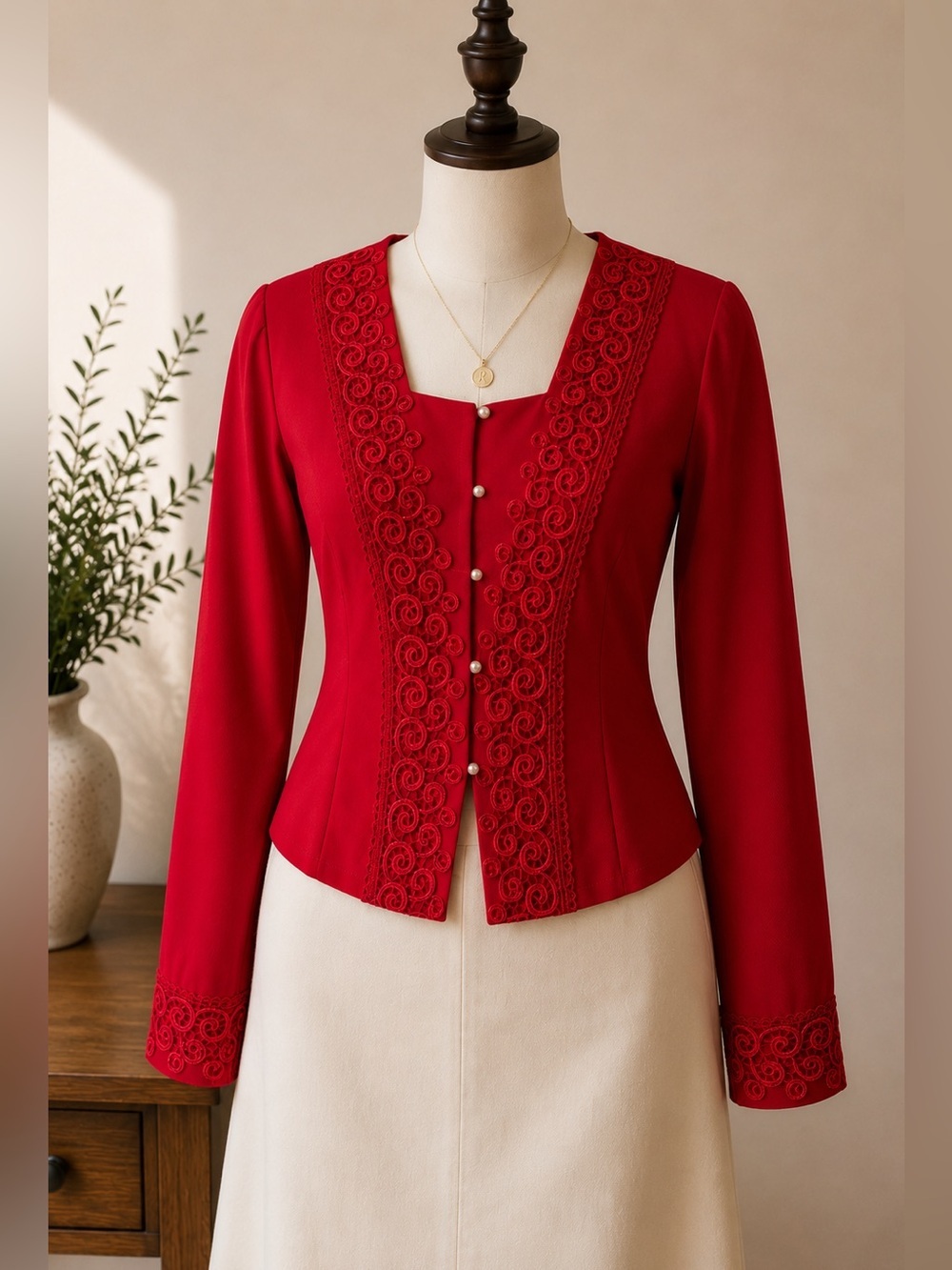 Vintage Red Embroidered Trim Silk Blend Blouse Long Sleeve Women's Size 1 Small